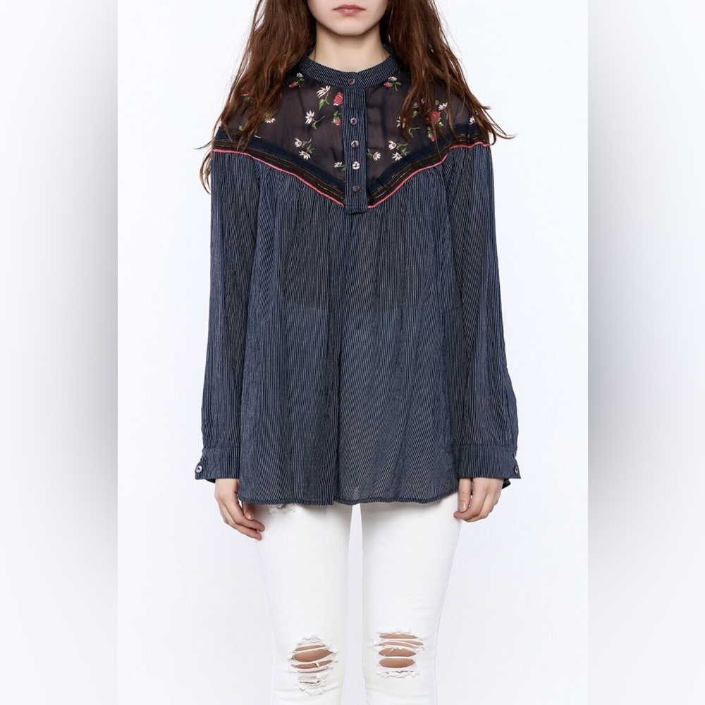 Free People Hearts & Colors Womens Long Sleeve Tunic Top Size XS Pockets Navy